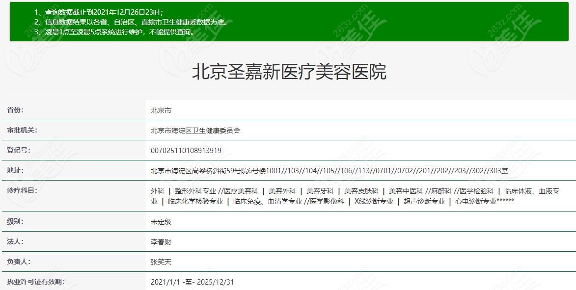 北京圣嘉新医疗美容执业资质信息