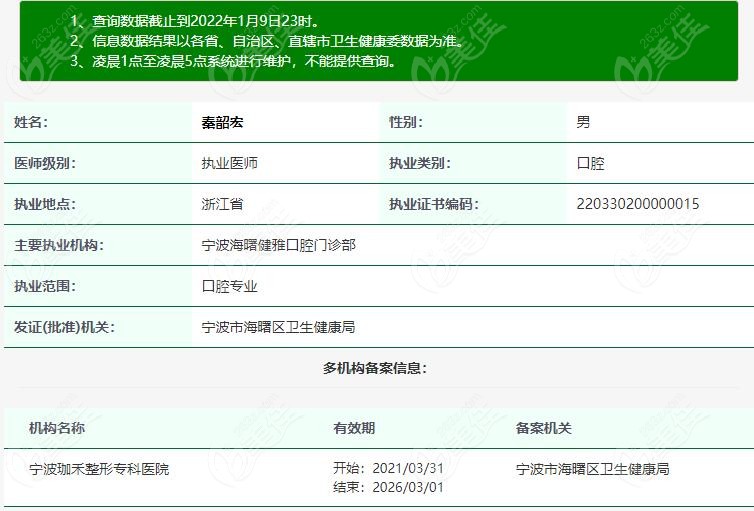 宁波海曙健雅口腔秦韶宏医生信息