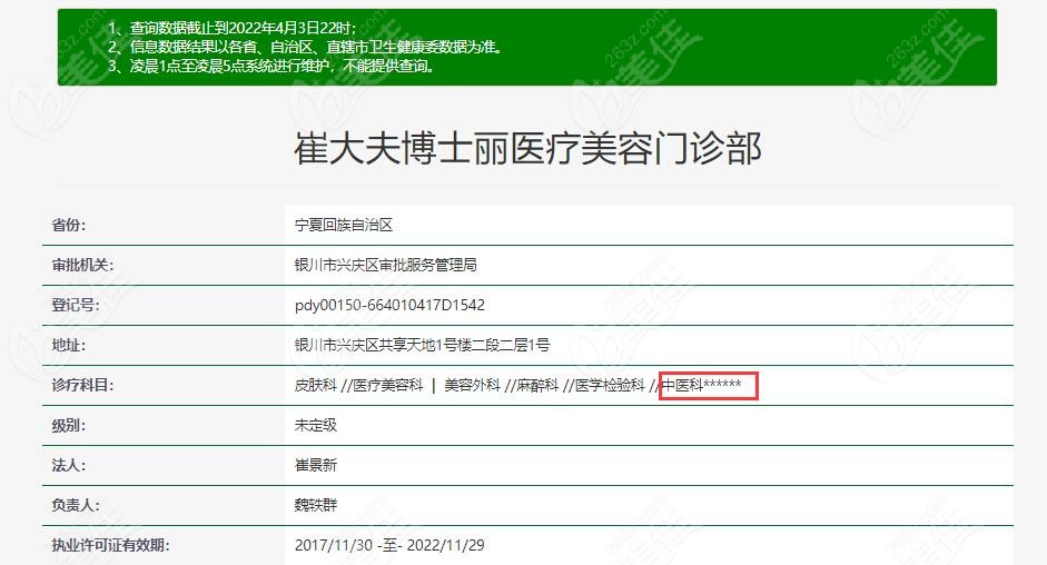 银川崔大夫博士丽整形有中医科的资质认证