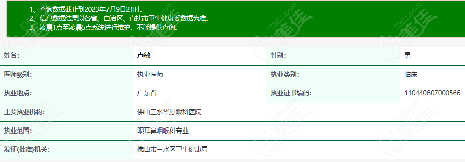 东莞华厦眼科卢敏医生资质