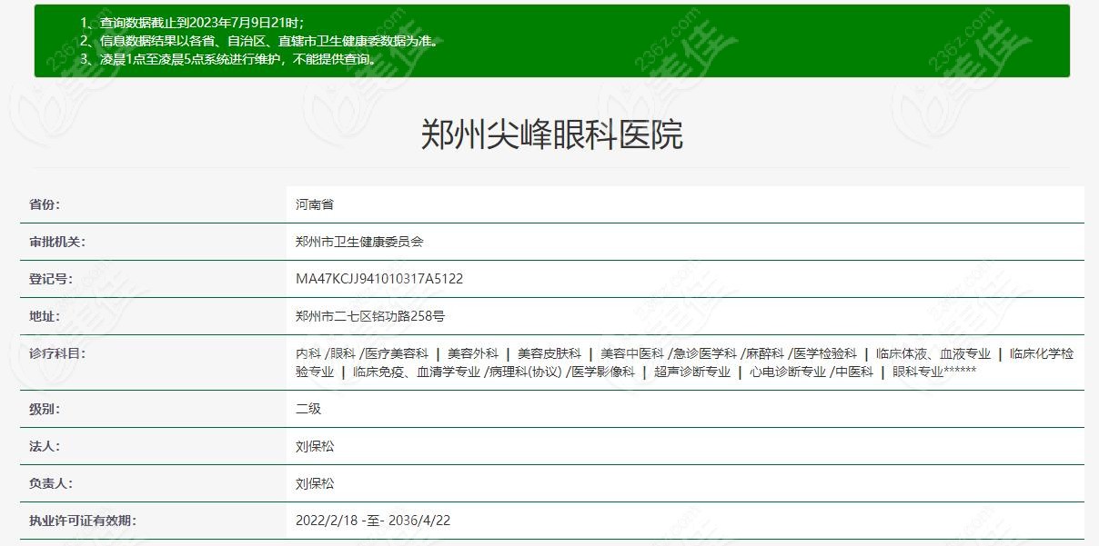 郑州尖峰眼科医院二级资质认证信息