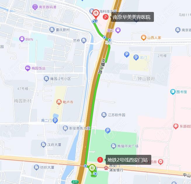 南京华美美容医院坐地铁2号线的路线图
