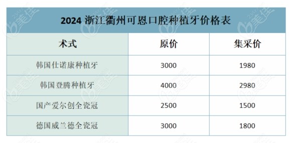 2024浙江衢州可恩口腔种植牙价格表