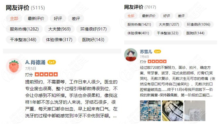 顾客对圣贝口腔海淀店及朝阳店口碑评价