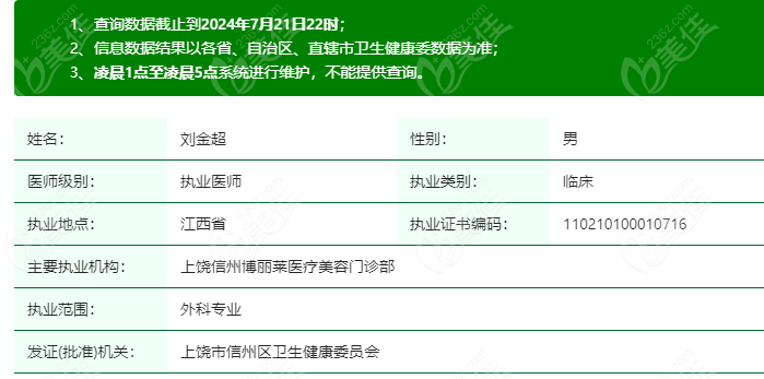 刘金超医生在卫健委上登记的具体信息