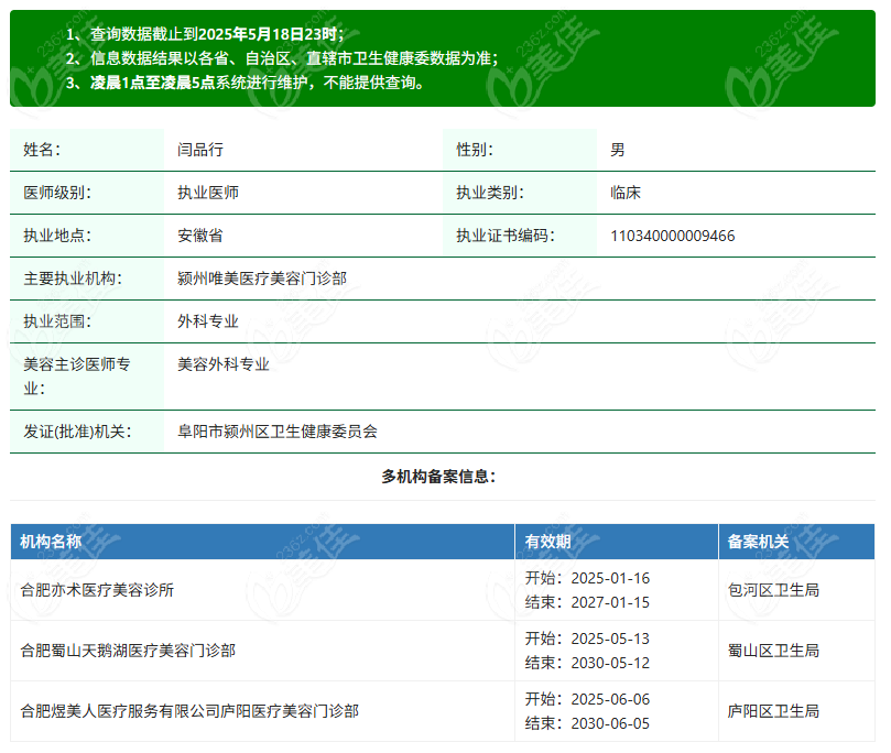 闫品行医生资质查询